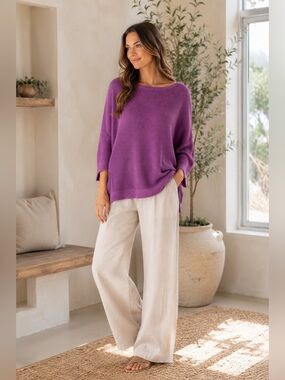 Eileen Fisher Purple Cotton Sweater Small Oversized Waffle Knit Minimalist